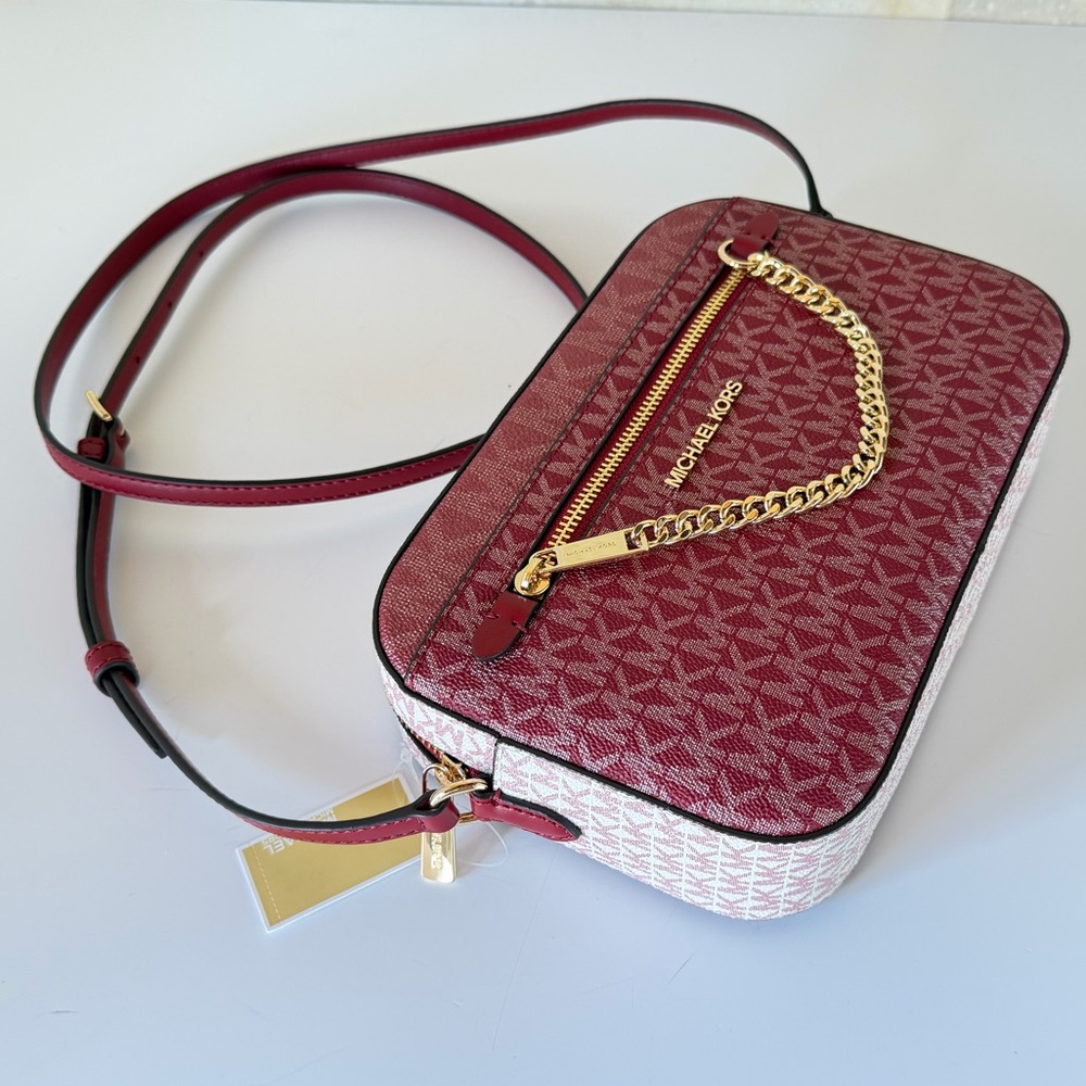 Michael Kors Jet Set Item Chain Zip Crossbody Bag Color-Block MK Cherry Multi - Picture 6 of 14